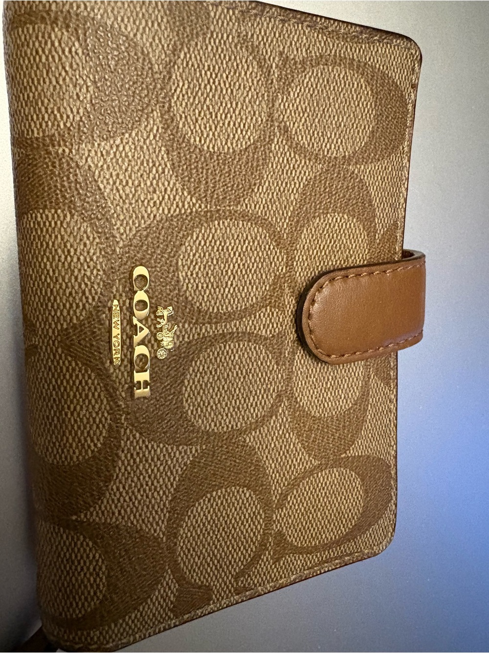 Coach Brown Signature Monogram Snap Wallet with Gold Logo